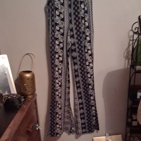 Rainbow Black and White Floral Flare Bellbottom Boho Pants Medium - Picture 1 of 11